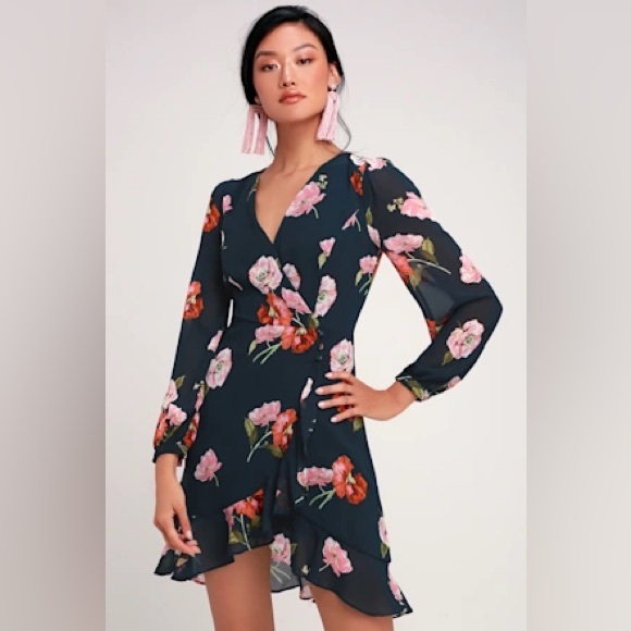 Lulus Dresses & Skirts - Lulu's Blue and Pink Ruffled Wrap Dress with Bishop Sleeves